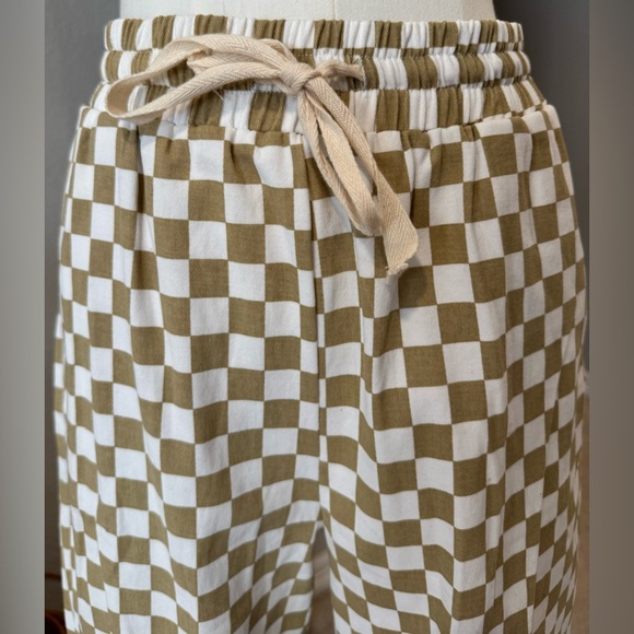 Solai The Label Cream & Tan Checkered Cotton Track Pants w/ Pockets & Drawstring - Picture 2 of 9